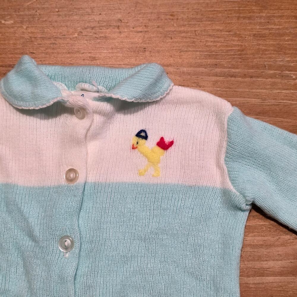 Vintage Baby Sweater Little Tykes NB Blue White Bird Knit Collared Buttoned